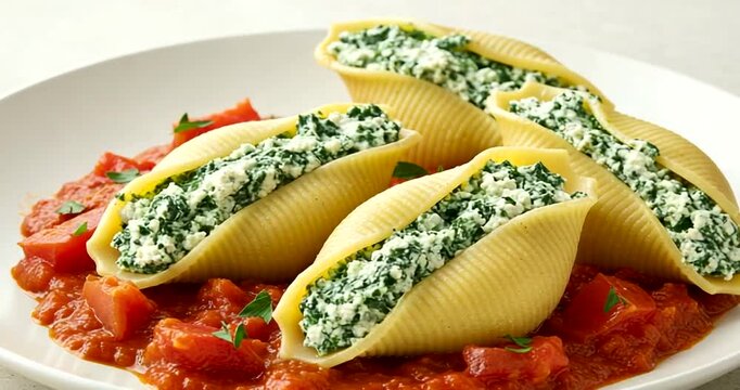 Stuffed pasta shells with spinach and ricotta on plate