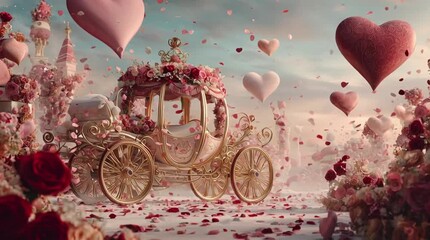 Whimsical Ornate Carriage with Roses and Gold in Dreamy Fairytale Romance Scene with Floating Hearts and Petals - Powered by Adobe