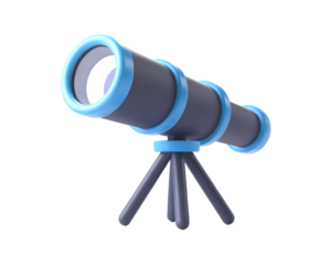 Stylized 3D Telescope on Tripod with Blue Accents for Astronomy and Exploration on transparent background
