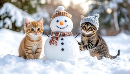 Kittens and a snowman in the snow