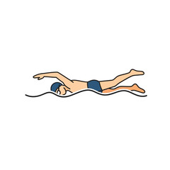 Obraz premium Cartoon Swimmer Doing Freestyle Stroke in Blue Cap and Trunks Simple Outline Illustration.