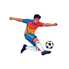 Naklejka premium Dynamic Soccer Player in MidAir Kick RedYellowBlue Jersey Focused Expression.