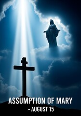 Religious depiction showcasing the Assumption of Mary against a cloudy sky scene