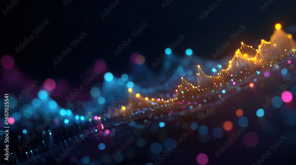 Poster a vibrant wave of glowing lights representing data streams, creating a dynamic visual of digital con