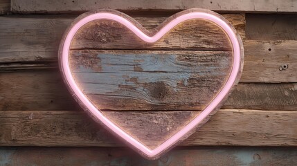 Neon heart and love signs in cozy rustic style, neon love home, neon heart wall decor Neon heart light over wooden background.