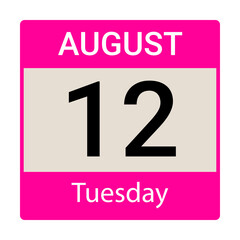 12 August, Tuesday, Date template, Useful design for calendar or event promotion. Vector illustration EPS 10 file