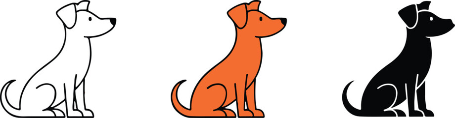 vector illustration set of three dogs in outline, colored and silhouette styles for versatile design projects