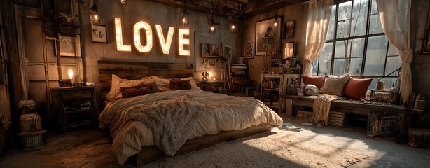 Neon heart and love signs in cozy rustic style, neon love home, neon heart wall decor Cozy room with love sign and warm decor.