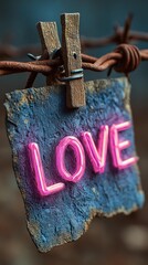 Neon heart and love signs in cozy rustic style, neon love home, neon heart wall decor Colorful sign displaying the word love creatively.