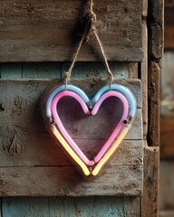 Neon heart and love signs in cozy rustic style, neon love home, neon heart wall decor Colorful neon heart sign on wooden background.