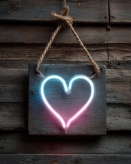 Neon heart and love signs in cozy rustic style, neon love home, neon heart wall decor A neon heart sign hanging on rustic wood.
