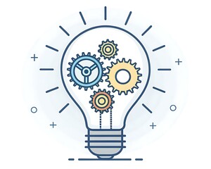 Flat vector illustration of a light bulb with a gear inside on a clean background &ndash; modern symbol of innovation, smart ideas, creative thinking, technical solutions, and startup or business developmen