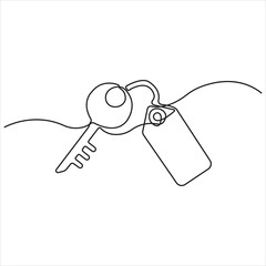 Minimalist continuous line drawing of a key with keychain and tag, symbolizing security, access, home ownership, real estate, and modern business solutions.