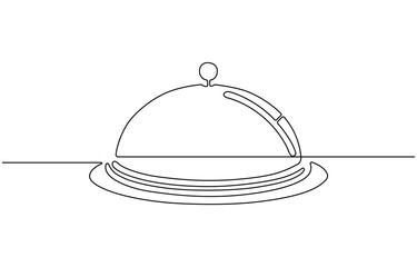 One line continuous waiter with tray closed lid restaurant concept,  Hand Drawn Symbol Vector Illustration, hand continuous line art .