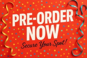 Bright red promotional banner with the text "Pre-Order Now" and "Secure Your Spot" surrounded by colorful confetti and ribbons, conveying excitement and urgency.