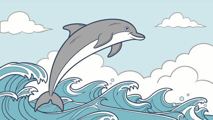 Obraz premium Cute cartoon dolphin jumping out of ocean waves with clouds vector illustration for kids and children art