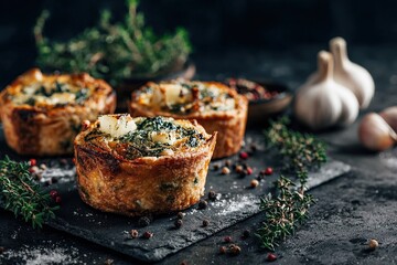 Savory baked tarts with herbs and garlic on a dark slate surface, close-up view