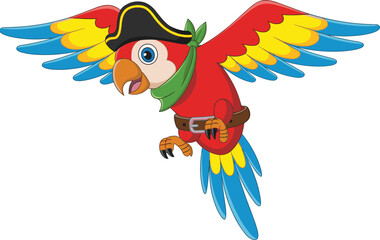 Colorful cartoon pirate parrot flying with hat, belt, and scarf, fun animal character illustration for children, adventure bird concept © Legend Monir