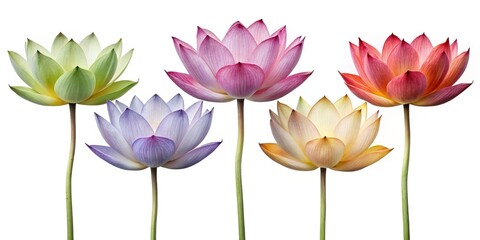 Fototapeta premium Five Blooming Lotus Flowers in Various Shades on a White Background