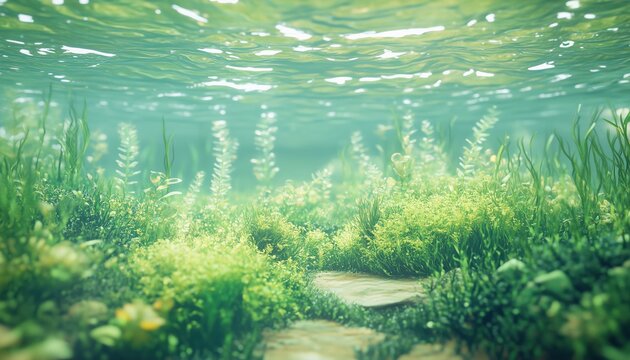 Freshwater Green Landscape Underwater: Exploring The Lake Ecosystem With Algae, Green Water, And Freshwater