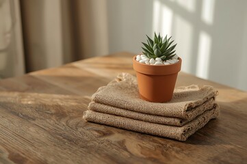 A small potted succulent plant with white pebbles sits on a stack of textured fabric on a rustic wooden table