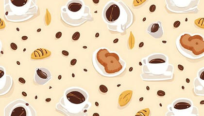 Obraz premium Coffee and Pastries Pattern with Beans on Cream Background