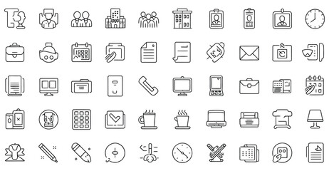 Vector art of a set of outlined office and business icons isolated on white background, perfect for presentations, websites, and graphic design