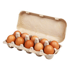 Fresh eggs neatly arranged in a paper egg carton on transparent background