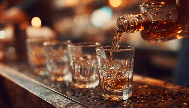 Close-up of barman hand pouring alcohol into shot glasses in a nightclub or bar