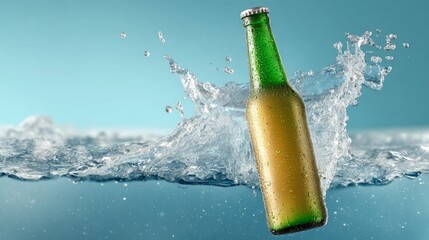 Bottle of beer is floating in a wave of water. The bottle is green and has a label on it. The water is blue and the wave is crashing