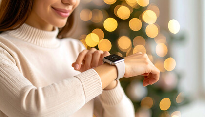 Festive Glance at Time: A woman, adorned in warm attire, checks her smartwatch against a backdrop of holiday lights, capturing the blend of technology and festive cheer.