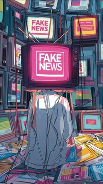 An individual is seen from behind, sitting amidst a chaotic pile of newspapers and surrounded by multiple glowing television screens, with a prominent vintage TV displaying "FAKE NEWS" in bright pink