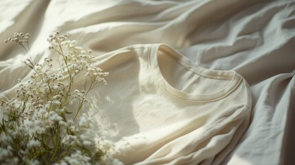 linen tshirt close to a linen plant with flowers, ethical clothing concept, minimal image, sharp focus, professional color grading, soft shadows,