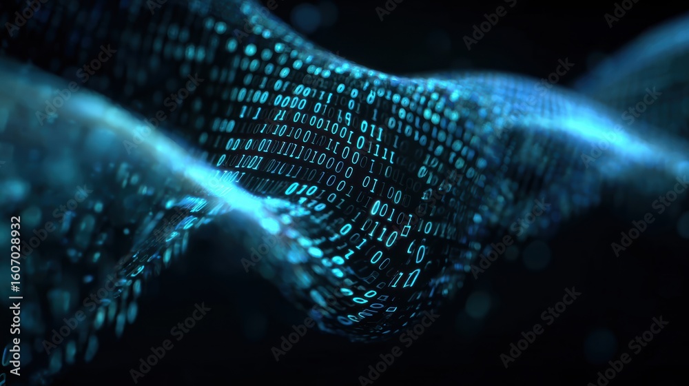 Poster abstract representation of digital data flow with glowing binary code in a dark environment.