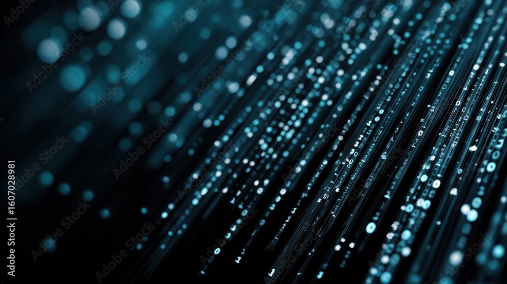 Poster abstract representation of digital data streams with glowing particles creating a dynamic and futuri