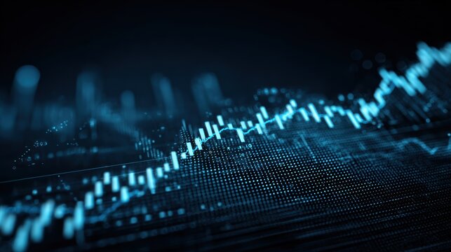 Abstract representation of digital data flow with a vibrant blue stock market graph technology background.