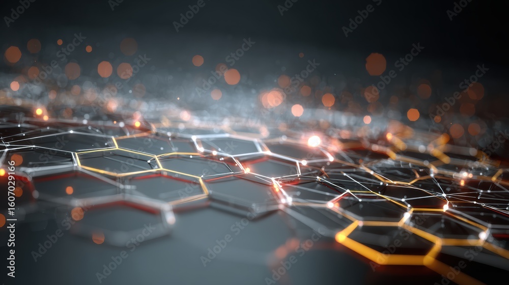 Poster abstract technology background featuring hexagonal patterns with glowing effects in a futuristic des