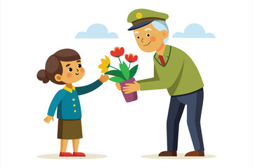 Young girl happily gives a bouquet of colorful flowers to an elderly man in a uniform, symbolizing intergenerational connection and appreciation
