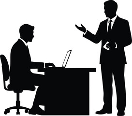 A silhouette of two businessmen in a meeting, one sitting at a desk with a laptop and the other standing.
