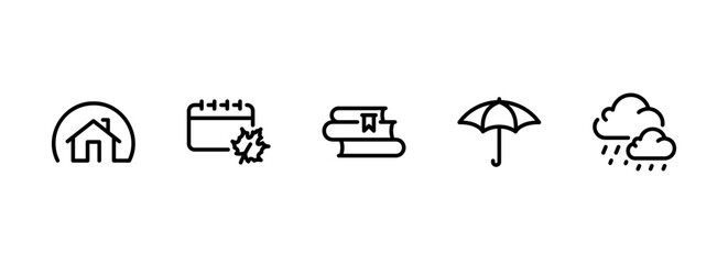 Line Art Icons Depicting a Cozy, Rainy Autumn Day at Home