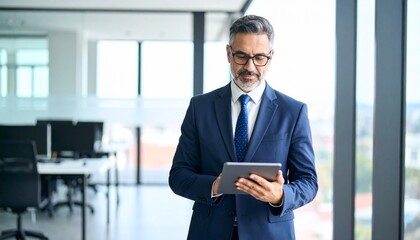 Fototapeta premium busy mature male executive in his late 50s, standing confidently in a modern corporate office, wearing a tailored dark suit and stylish glasses, holding and interacting with a digital tablet, focused 