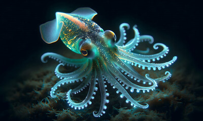 Biolumineszenter Tintenfischs für Meeresfotografie, Meeresschutz, Unterwasserforschung, Desktop-Hintergrund, close-up, copy space