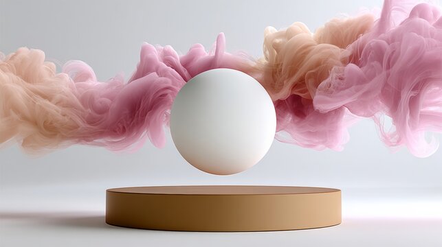 White ball is suspended in the air above a pink and orange cloud of smoke. The smoke is swirling around the ball, creating a sense of movement and energy. The scene is dynamic and visually striking - Powered by Adobe
