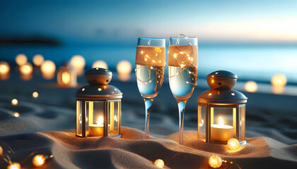 Romantischer Abend am Meer, mit Laternen im Sand, Sektgläsern und Lichtern, bokeh, copy space
