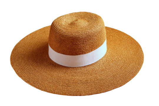 Light tan straw wide-brimmed hat with a white band
