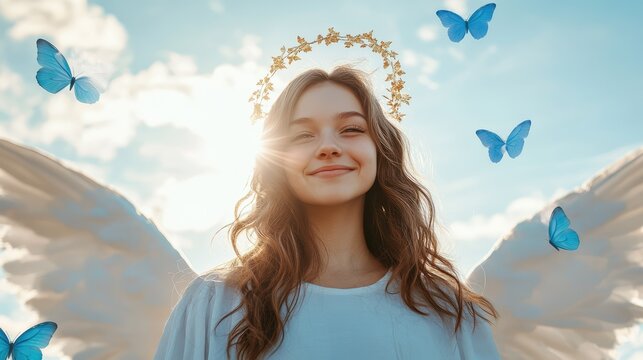 Realistic photo of happy angel girl with white wings and halo, flying in the sky with clouds, 
