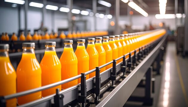 Orange juice bottles on a conveyor belt in a factory (1) - Powered by Adobe