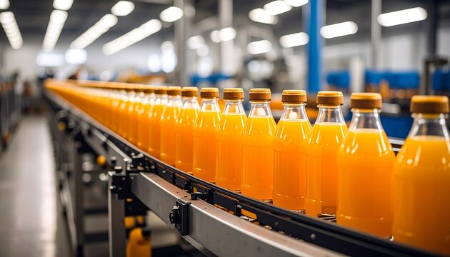 Orange juice bottles on a conveyor belt in a factory