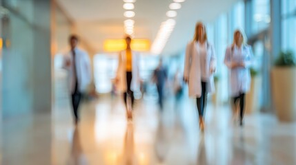 Blurry image of healthcare professionals walking in a modern hospital corridor, showcasing teamwork and dedication.