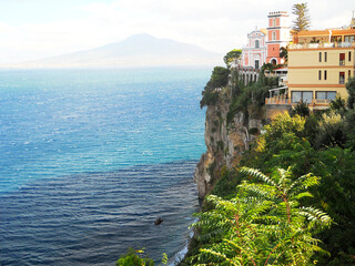 Breathtaking sea view along the stunning cliffs of the Amalfi Coast Costa Amalfitana in southern Italy. This high-quality stock footage captures the natural beauty of the Mediterranean landscape, with